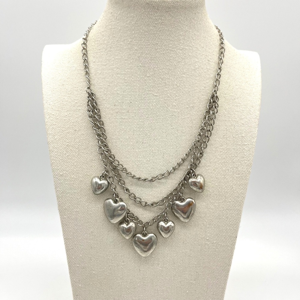 Silver Tone Multi Strand Heart Charm Necklace Layered Choker Style